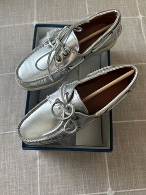 Women’s Metallic Silver Boat Shoes - Lace-Up Comfort - No box top